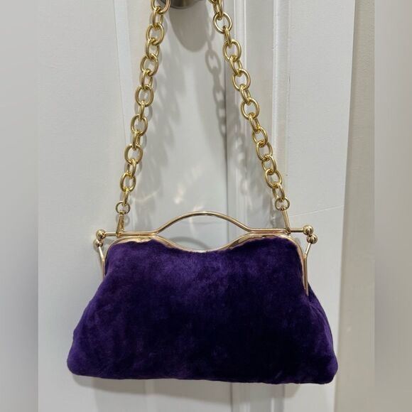 Purple Real Shearling Leather Double Kisslock & Top Handle Clutch with 2 Straps - Picture 2 of 16